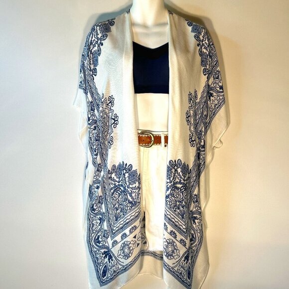 Ruggine OSFA Navy & White Gauzy oversized kimono Boho Chic Cover Up Beach - Picture 2 of 12